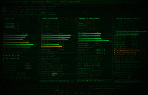 Vintage CRT Nuclear Facility Control Console. Green CRT control room interface with reactor core data, coolant loops, turbine status, and ASCII-style panels. Retrofuturistic Vector Dashboard