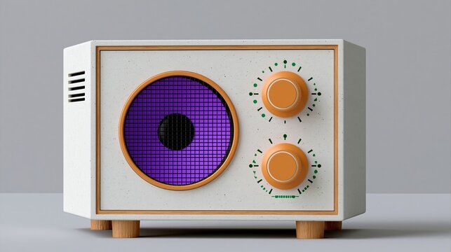 Retro-style radio with purple speaker grille and orange knobs on a gray background, showcasing a minimalist design and wooden accents for a vintage aesthetic