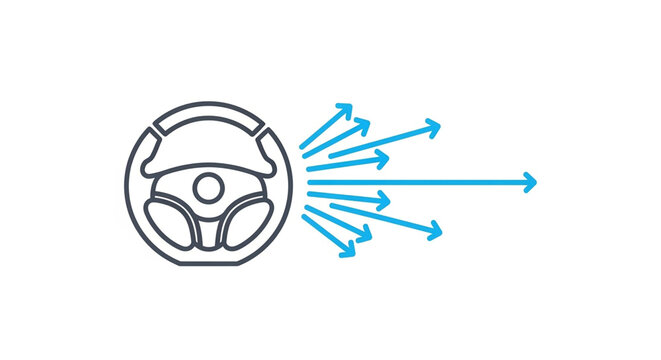 Steering wheel icon with multiple blue arrows pointing to the right