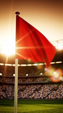 Corner flag waving in the wind at a stadium with blurred seating and golden hour lens flare.