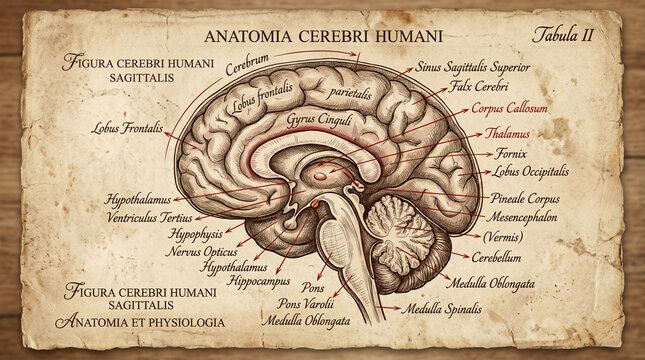 Anatomical illustration of the human brain with labeled parts on old parchment