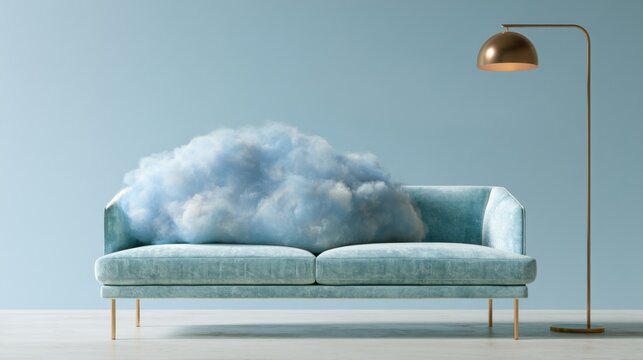 Cloud resting on teal sofa, surreal interior scene blending fluffy cloud texture with midcentury teal upholstery, brass floor lamp casting soft glow, clean pastel backdrop, inviting dreamlike comfort