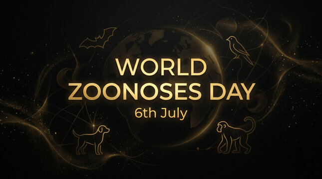 World zoonoses day awareness campaign with golden animal silhouettes on black background