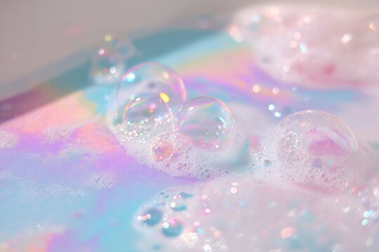 Foam and bubbles float in a bathtub, showing various colors under light, creating a fun and playful scene during bath time