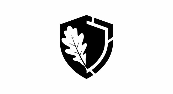 Oak leaf within a stylized shield emblem representing strength and nature