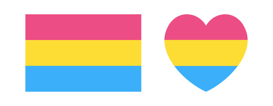 Pansexual flag sticker, button in heart, rectangular shape. Set of LGBT pride flag heart, square graphic symbol, banner, icon, background.