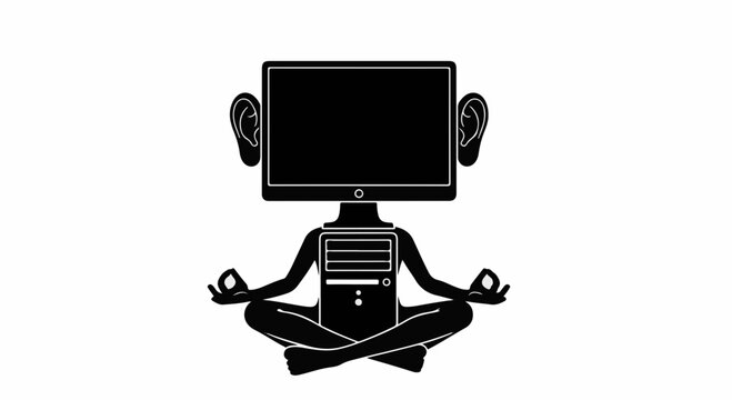 Computer with human body meditating in yoga pose, representing digital calm and technology balance.
