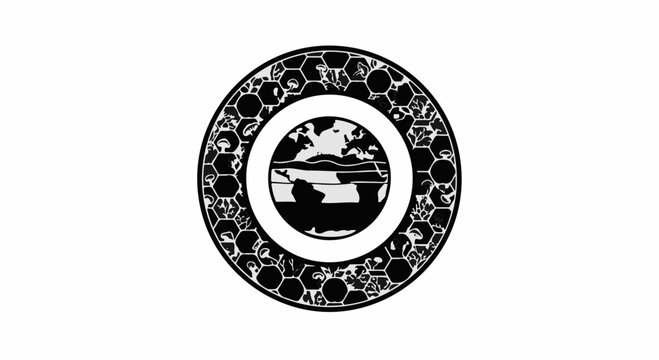 Abstract circular emblem with a stylized globe and honeycomb pattern