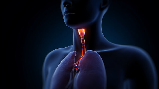 Three-Dimensional Render of Human Respiratory System with Highlighted Trachea and Lungs in a Medical or Educational Context