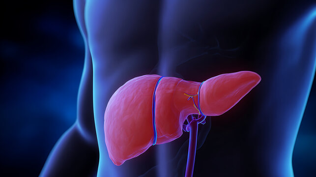 Vibrant Red Human Organ Illustration with Anatomical Details: A Medical Render of Abdominal Anatomy on Dark Blue Background, Health Research Concept