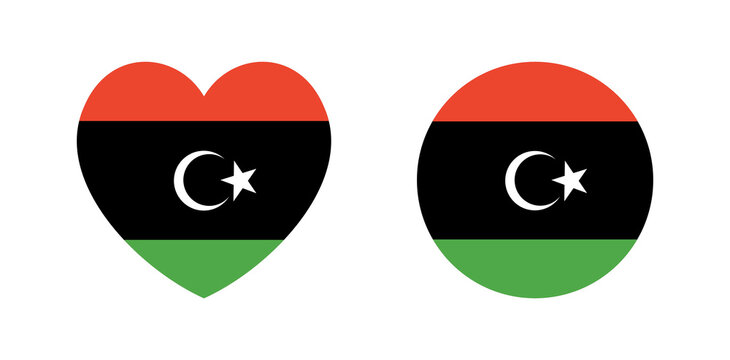 National round, heart flag of Libya icon, sticker. Set of circle, heart flag Libya badge, banner, background, button.