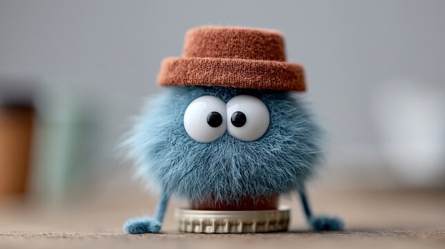 Blue fluffy character with large eyes and a brown felt hat sitting on a round metal lid against a blurred background of soft colors and textures