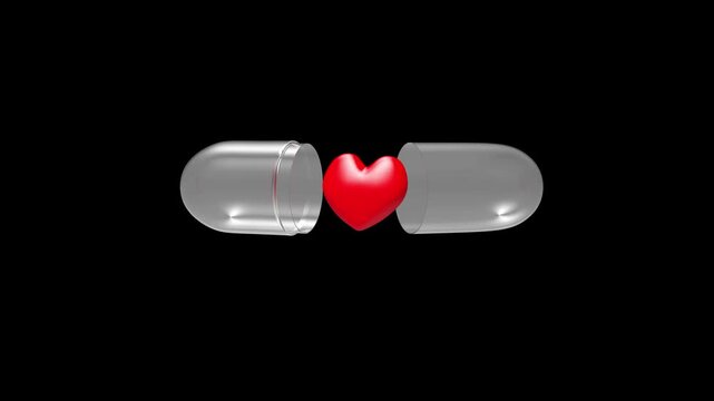 Transparent capsule halves separate to reveal a red heart between them against a black background in a looping 3D render, 3D animation