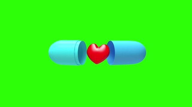 Blue capsule halves open and close around a red heart on a green background in a looping 3D animation