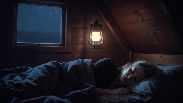 Sleeping woman in wooden cabin interior in warm cinematic style with lantern light on night backdrop, concept of peaceful rest