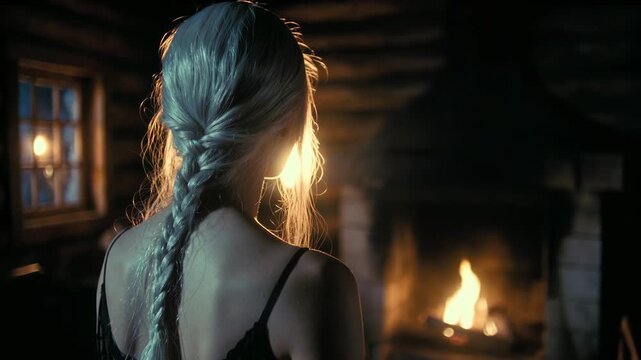 Woman with braided hair from behind in realistic style by a warm cabin fireplace on a dark background, concept of solitude