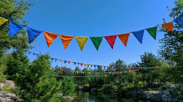 Colorful triangle flags strung across a serene landscape with trees and water