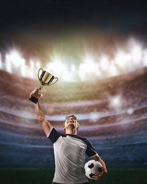 soccer players cheering in a large stadium - vertical poster concept