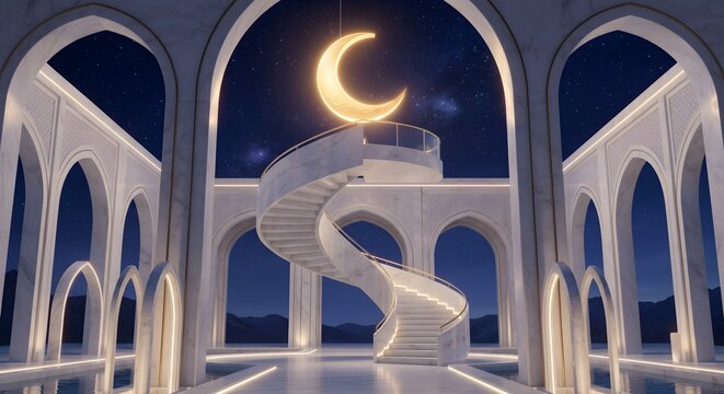 Surreal White Interior with Spiral Staircase Leading to a Glowing Crescent Moon for Islamic Theme