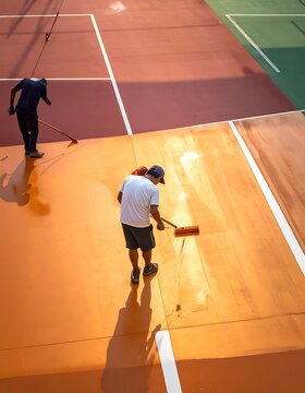 Workers applying coating to a tennis court surface