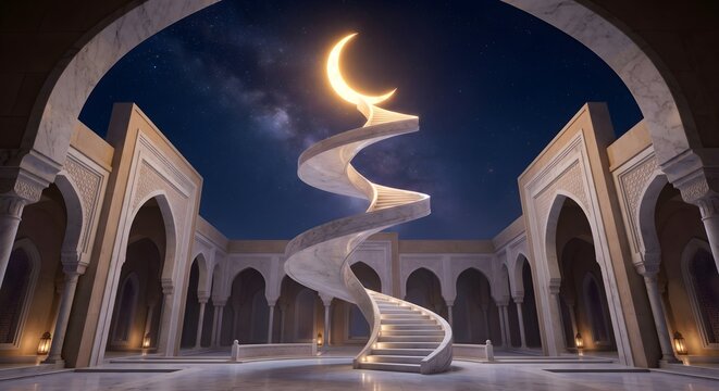 Night Courtyard of a Mosque Featuring a Spiral Staircase Pointing Toward the Thin New Moon