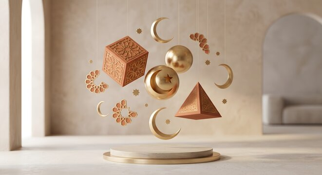 Floating 3D Geometric Shapes in Gold and Sand Color Palette with Crescent Moons and Cubes