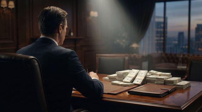 Businessman Office Desk Money Cash Power Wealth Dramatic Night City Cinematic Corporate