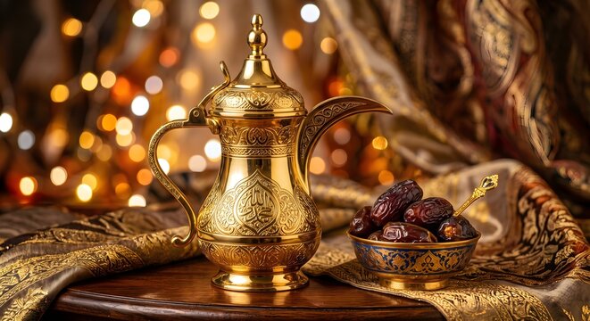 Traditional Golden Arabic Coffee Pot Dallah and Dates in a Bowl with Warm Bokeh Background