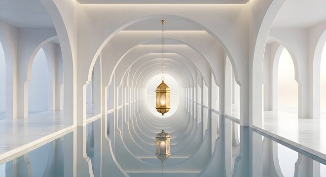 Long White Arched Corridor with Hanging Lantern Over Water Reflection for Peace and Serenity