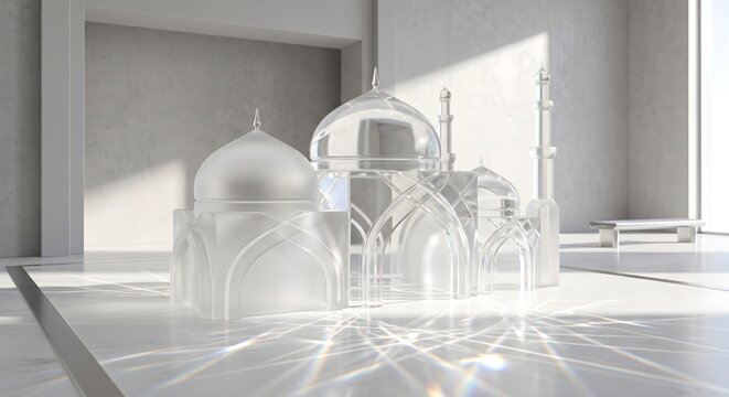 Transparent Glass Mosque Structure with Sunlight Refraction and Rainbow Prisms