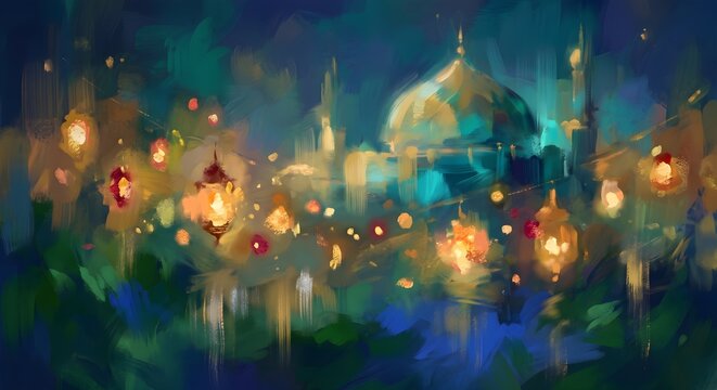 Impressionist Oil Painting Style of Glowing Lanterns and Mosque at Night with Vibrant Brushstrokes