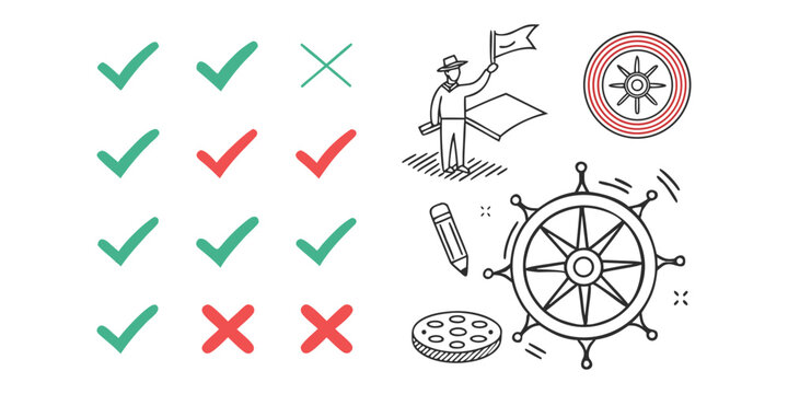 Hand drawn checklist captain with flag ship wheel and pencil illustration