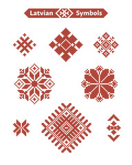 Collection of traditional Latvian folk symbols. Carmine red color. Each diamond-shaped element contains or is built around characteristic mythological and sacred symbols © dmitriylishik