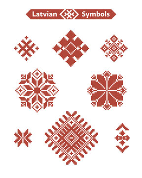 Collection of traditional Latvian folk symbols. Carmine red color. Each diamond-shaped element contains or is built around characteristic mythological and sacred symbols