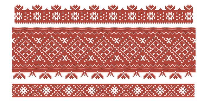 Set of three traditional Latvian ornamental border bands adorned with authentic folk symbols of harvest, bread, grain, and plant life, rendered entirely in a bold and striking carmine red color