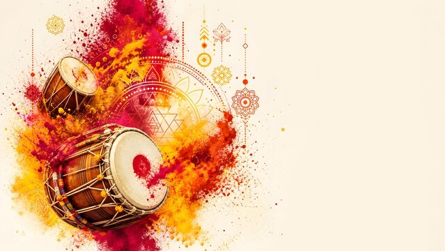 Bonalu Festival Drums with Color Splash and Traditional Indian Mandala Banner Background