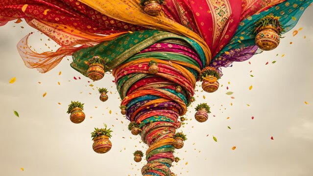 Colorful Bonalu Festival Fabric Spiral with Floating Sacred Pots Creative Banner Background