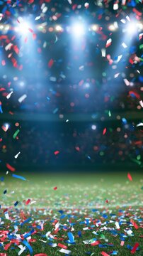 Festive soccer background, confetti falling in red, white, blue, and green, stadium lights, celebration of the beautiful game