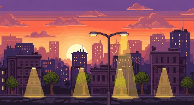 Pixelated Cityscape Glows Under a Vibrant Sunset and Lamplight.