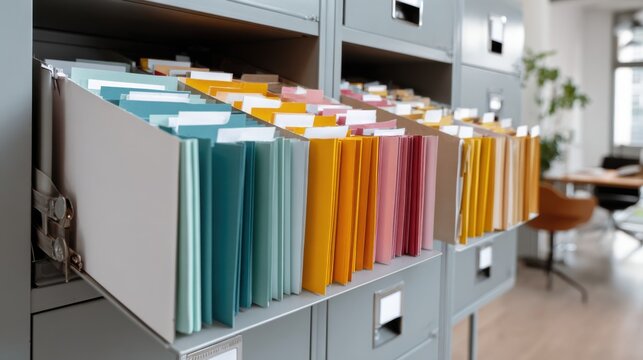 Colorful file folders neatly arranged on shelf, office manager organizing records in modern hybrid workspace, labeled tabs and metal filing drawers, shallow depth of field, natural light, tidy desk