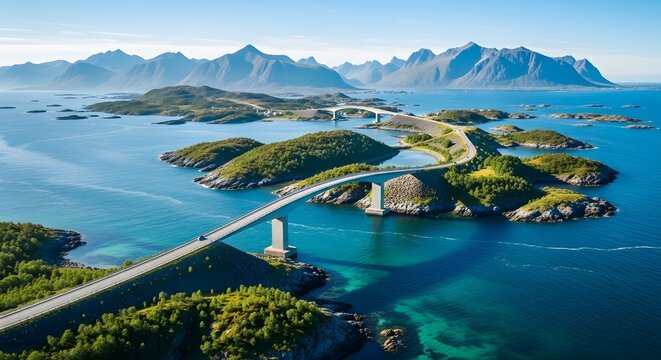 Aerial view of the scenic fredvang bridges connecting islands in the lofoten archipelago, norway