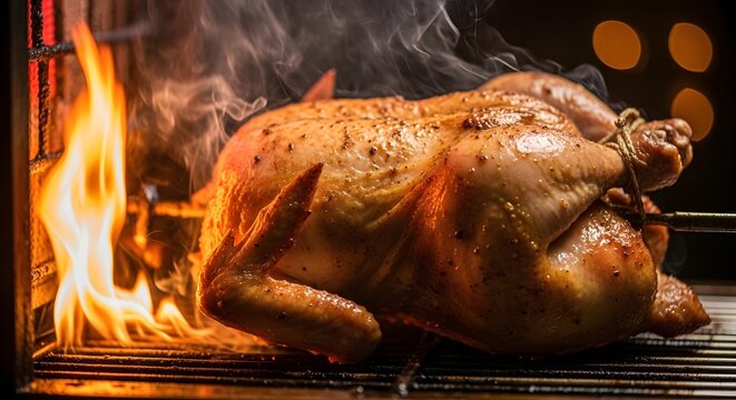 Whole rotisserie chicken roasting on a grill with open flames and smoke
