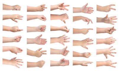 Children showing hands, closeup. Collection of gestures on white background