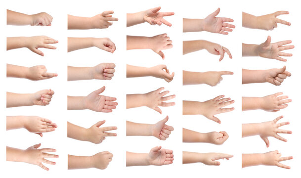 Children showing hands, closeup. Collection of gestures on white background