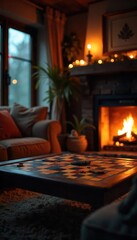 Obraz premium A cozy family living room scene, featuring a fireplace, board games, and warm lighting, perfect for a relaxing evening at home , light, house
