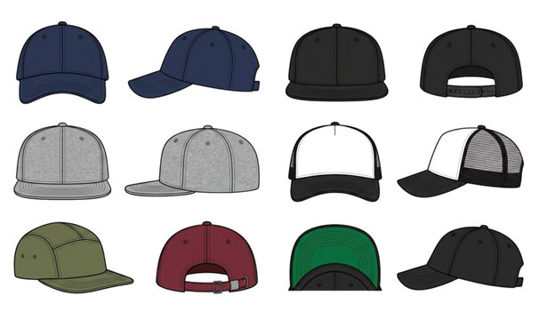 Baseball cap vector illustration set with printable flat cap clipart isolated on white background