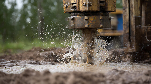 Industrial drilling equipment extracts water from ground, creating splashes of liquid and muddy soil in a dynamic, close-up outdoor scene