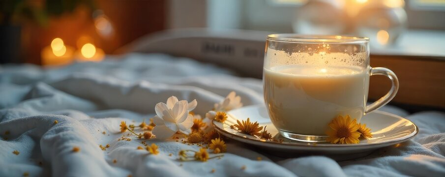 A glass of warm milk with honey and chamomile tea, alongside a book and soft lighting, creating a serene bedtime scene Perfect for relaxation and sleep , home, milk