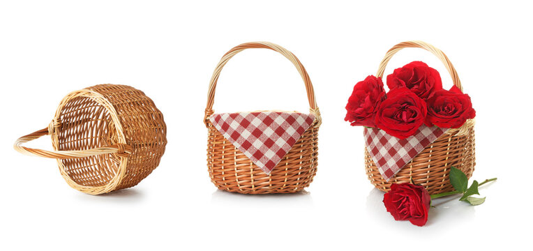 Wicker basket with flowers and cloth isolated on white, collage