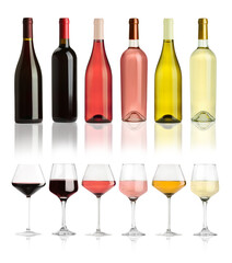 Obraz premium Rose, red and white wine in bottles and glasses on transparent background